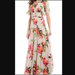 Calvin Klein Capelet Short Sleeve Floral Maxi Dress - Tan and Pink